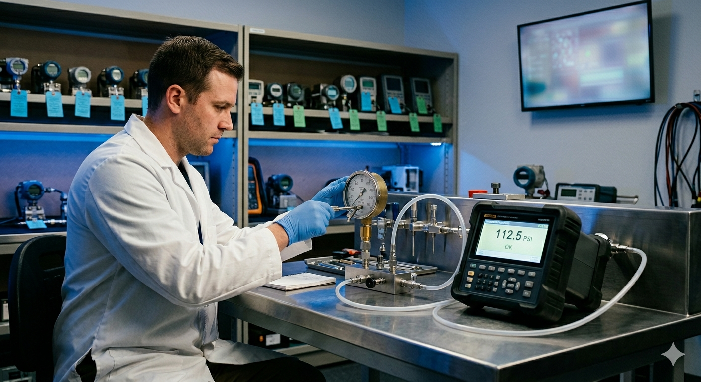 Technician calibrating a pressure gauge against a digital reference standard in a metrology lab