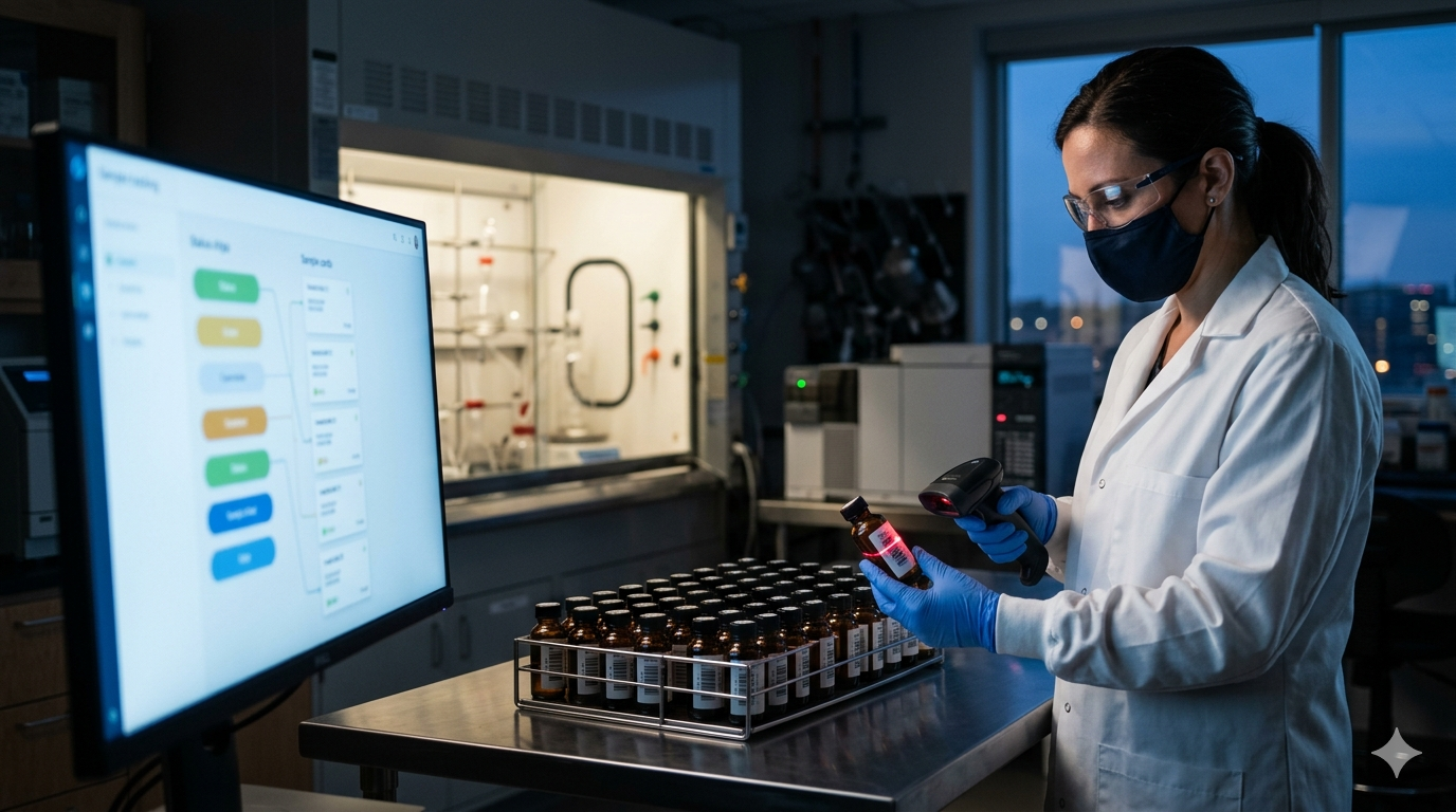 QC analyst scanning a barcoded sample vial beside a sample-tracking dashboard in a pharma lab